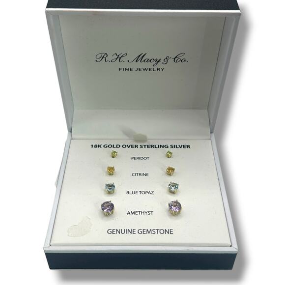 NEW Macy's Gemstone Stud Earrings 18k Gold over Sterling Silver 5-9/10 ct. t.w. - Picture 1 of 14